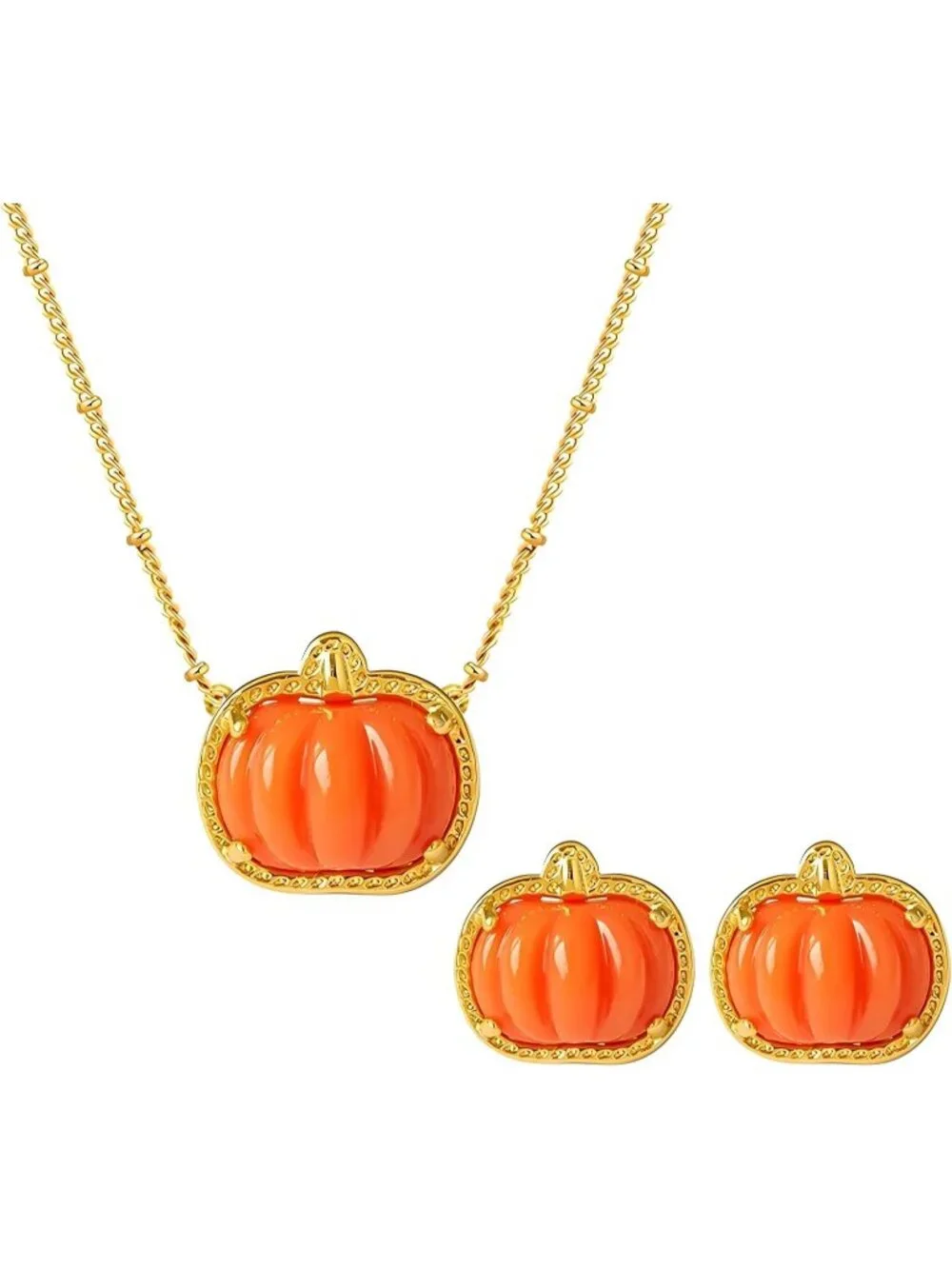 Women’s Style Gold Pumpkin Set Dainty Fall Halloween Jewelry Necklace Earrings
